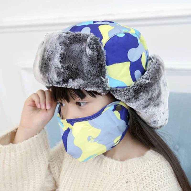 camouflage blue Зимние теплые шапки-ушанки, шарф, детский русский Охотник теплая шапка, карусель, ушанка, лыжная шапка для снежной погоды, шапка с лицевой маской - Цвет: camouflage blue