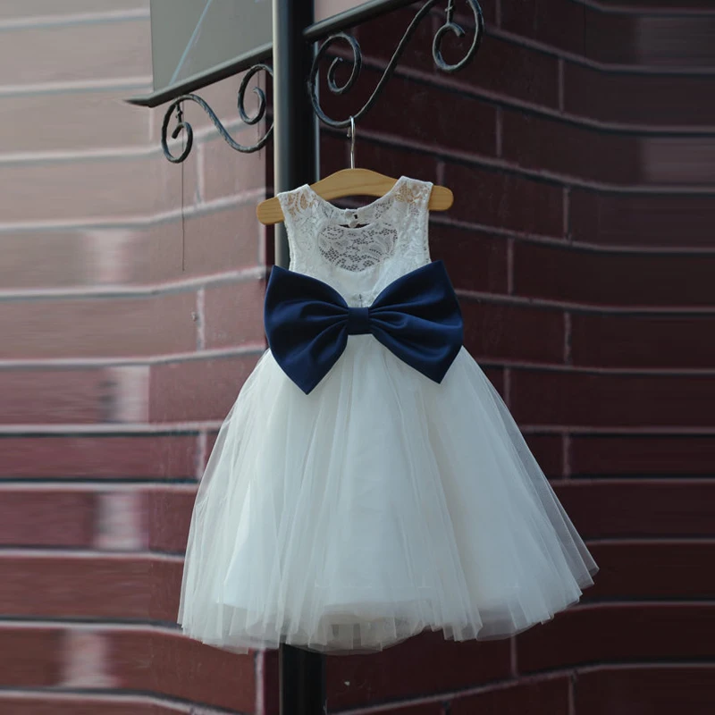 Hot Rustic Ivory Lace Navy Blue Sash/Bow Flower Girl Dress White Country Toddler Wedding Baptism Tulle Girls Pageant Dresses | Детская