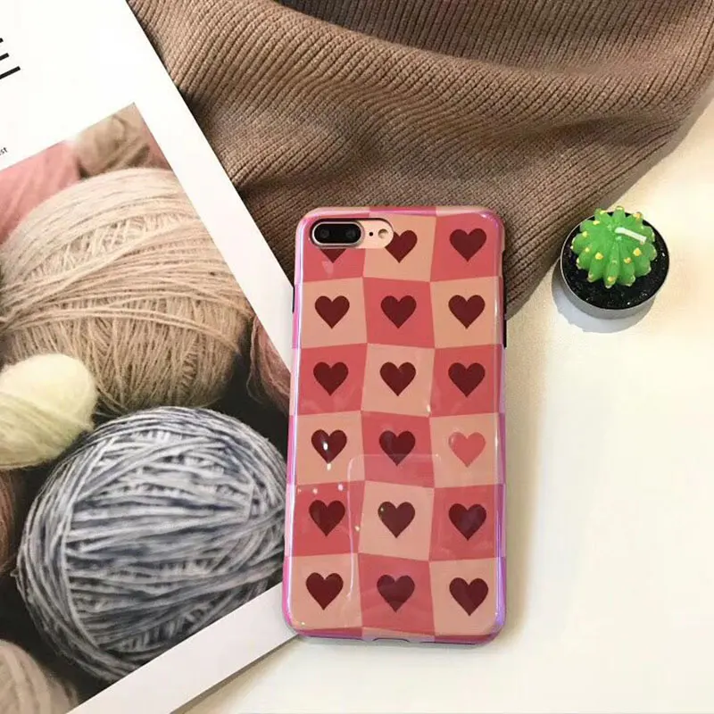 Boucho Blu-ray Glossy Phone Case For iphone 8 Cases X 6 6s 7 Plus Soft Silicone Lattice Love Heart Pattern Back Cover |