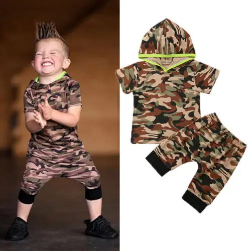 New Kids Boy Camo Clothes Set Summer Baby Girl Hooded Short Sleeve Long Harem Pant Children Fashion 2Pcs Outfits |