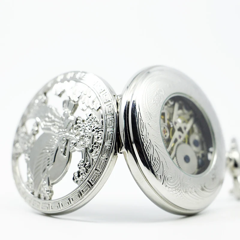 Gentleman Silver Eagle Skull Handmade Mechanical Pocket Watch Vintage Pendant Necklace Bracelet Steampunk Clock Gift