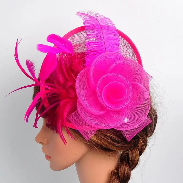 Модная женская Свадебная шляпка заколка для волос розовая с перьями Вуалетка