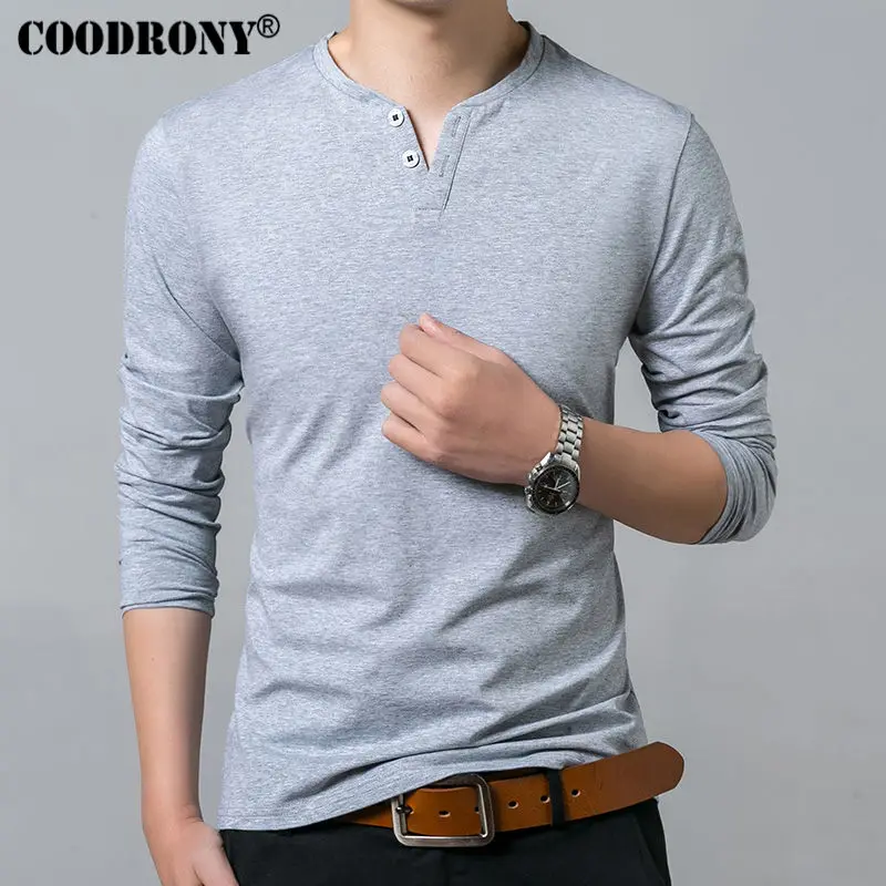 COODRONY, Мужская футболка,, весна, осень, новинка, длинный рукав, Генрих, воротник, футболка, мужская, брендовая, мягкая, чистый хлопок, тонкая, подходят, футболки, 7625