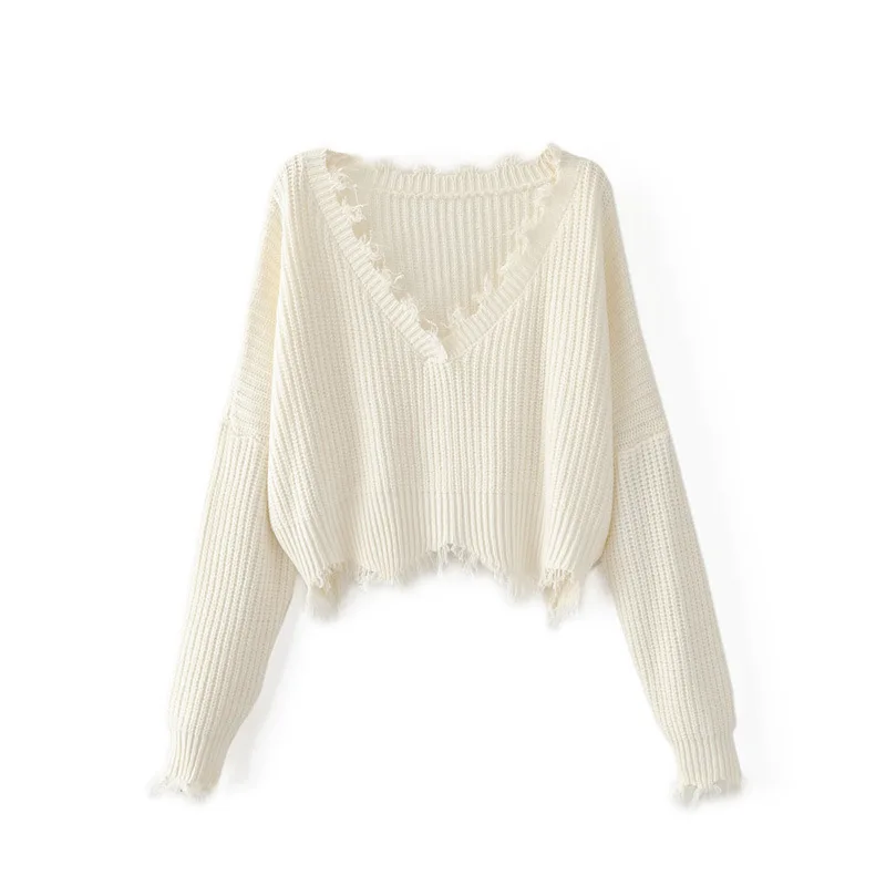 Solid V-neck Pullover Sweater Autumn Women New Loose Knitted Female Lantern Sleeve Holes Casual Short | Женская одежда