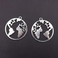 10pcs silver color large flat round world map pendants retro necklace earrings metal accessories diy charms jewelry craft making