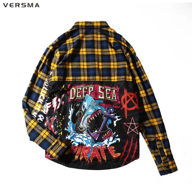 VERSMA High Street хип хоп граффити печатных Лоскутная рубашка в клетку для мужчин японский Harajuku BF винтажные клетчатые рубашки дропшиппинг - Цвет: Yellow