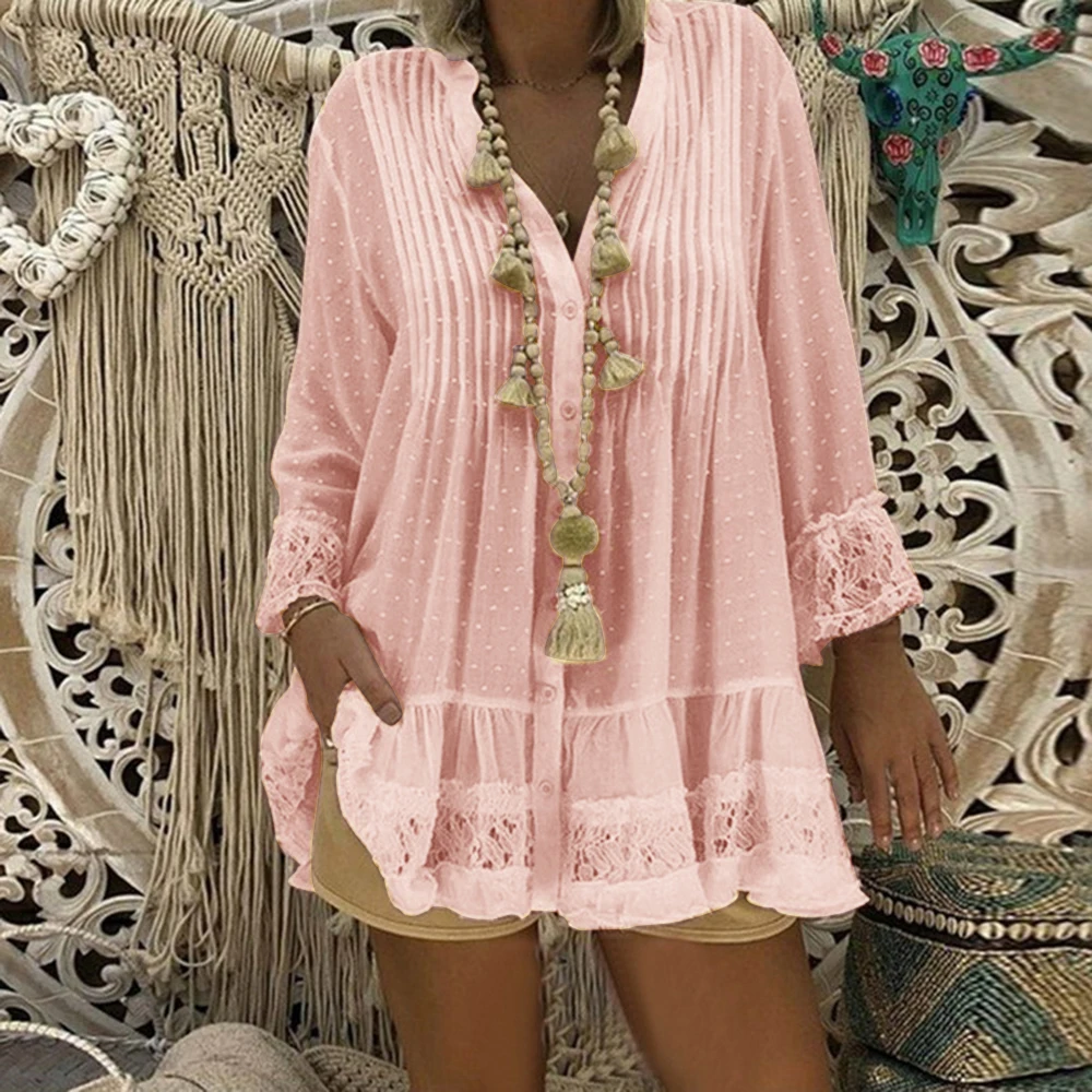 Женская свободная рубашка с V-образным вырезом длинным рукавом и пуговицами |