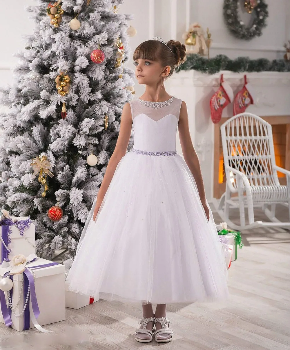 

High Quality Ankle-Length Flower Girls Dress With beading Belt Girls Evening Prom Long First Communion Dresses For Little Girls