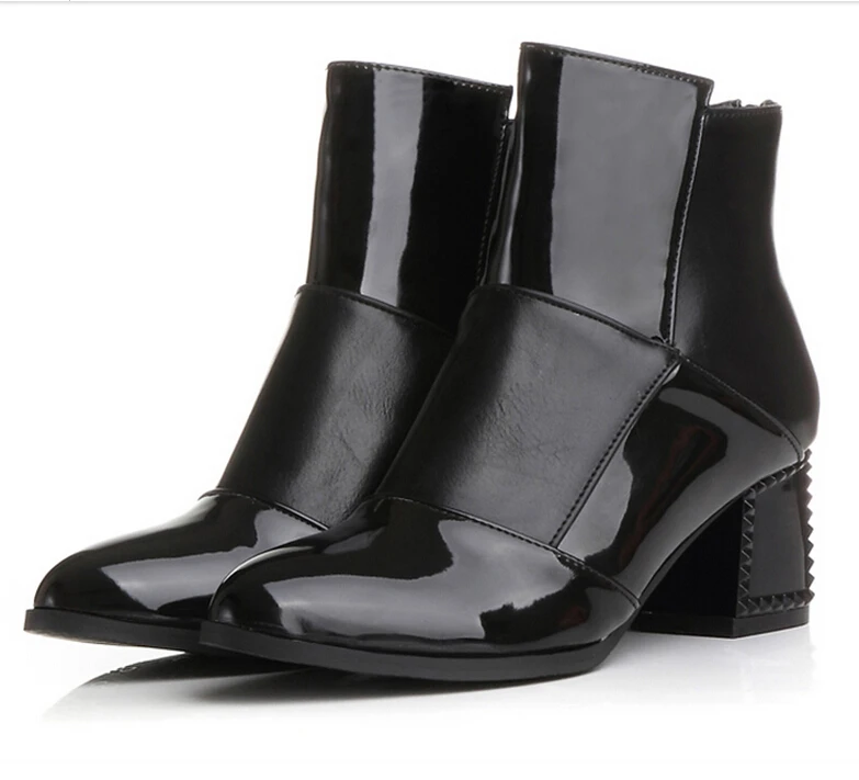 Ботильоны женские из лакированной кожи высокий толстый каблук заостренный носок