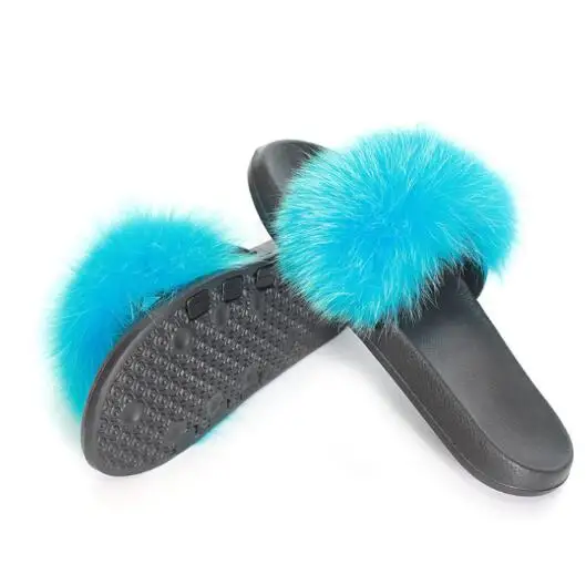 lake blue FXFURS/Новинка года; женские тапочки с натуральным лисьим мехом; летние модные меховые сандалии; обувь из пушистого плюша; Вьетнамки с мехом енота; Домашние шлепанцы - Цвет: lake blue