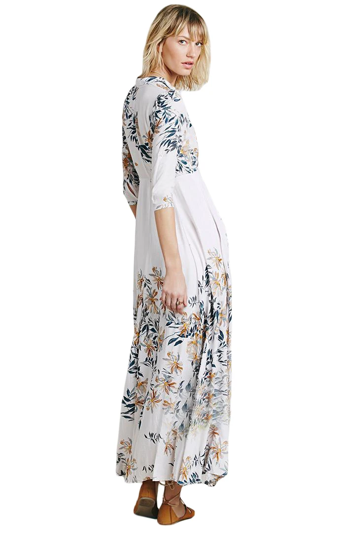 Горячие Продаж 2017 Мода Летние Каникулы Женская Dress Белый Цветочный Рубашка Долго