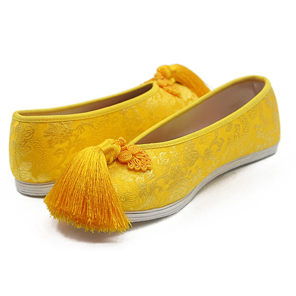 Women Flats Bride Shoes Chinese National Wedding Yellow Satin Dragon Phoenix Embroidered Tassel Breathable Single Ballet Woman