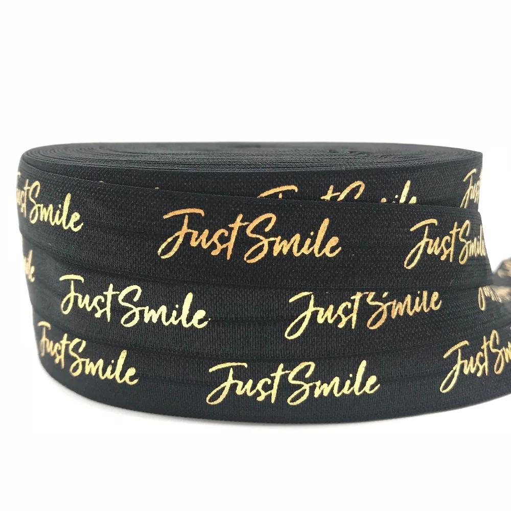 

10 yards/lot Gold Foil Just Smile Printed Fold Over Elastic 1.5cm Black FOE Ribbon for Bracelet DIY Headwear Hair Accessories