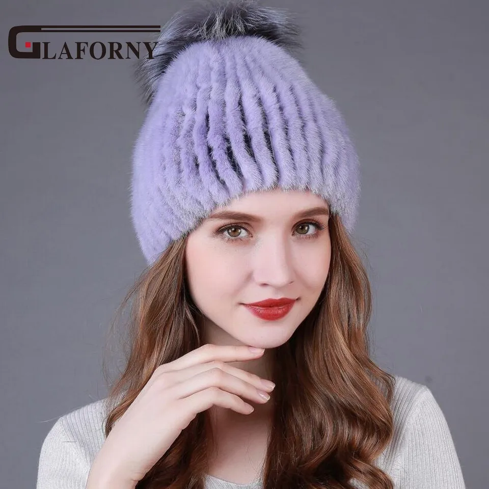 Glaforny Вязаные норковые меховые шапочки женские зимние теплые меховые шапки с серебряными помпоны из лисьего меха натуральная меховая шапка высокого качества