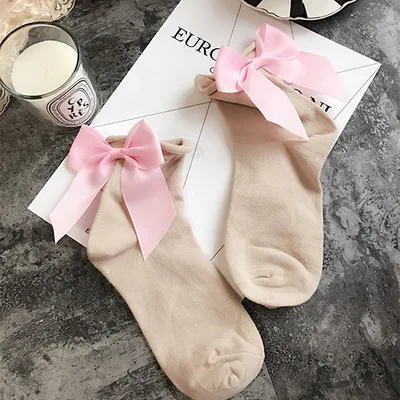 KhakiPink Женские носки, хлопковые, японские, с большим бантом, одноцветные, Kerst Sokken, женские короткие милые носки, calcetines mujer, женские, x27s, рождественские носки - Цвет: KhakiPink