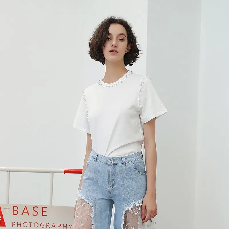 TWOTWINSTYLE Pearl Beading T Shirts For Women Short Sleeve Big Size Tops Female Shirt 2020 Summer Fashion Casual Clothing New | Женская