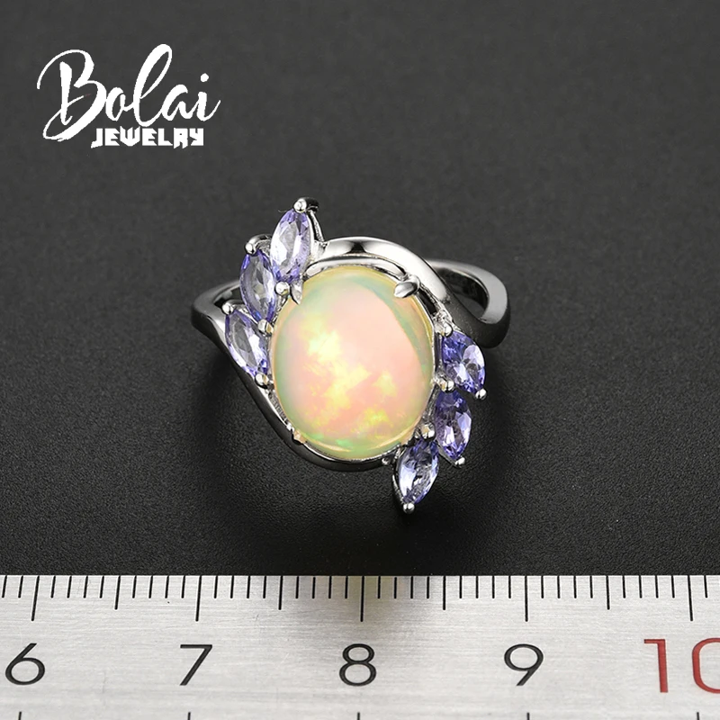 Bolaijewelry, кольцо из белого золота 14 К натуральный Эфиопский Опал и драгоценный камень Танзанит, простое и модное кольцо для девочек в качестве лучшего подарка