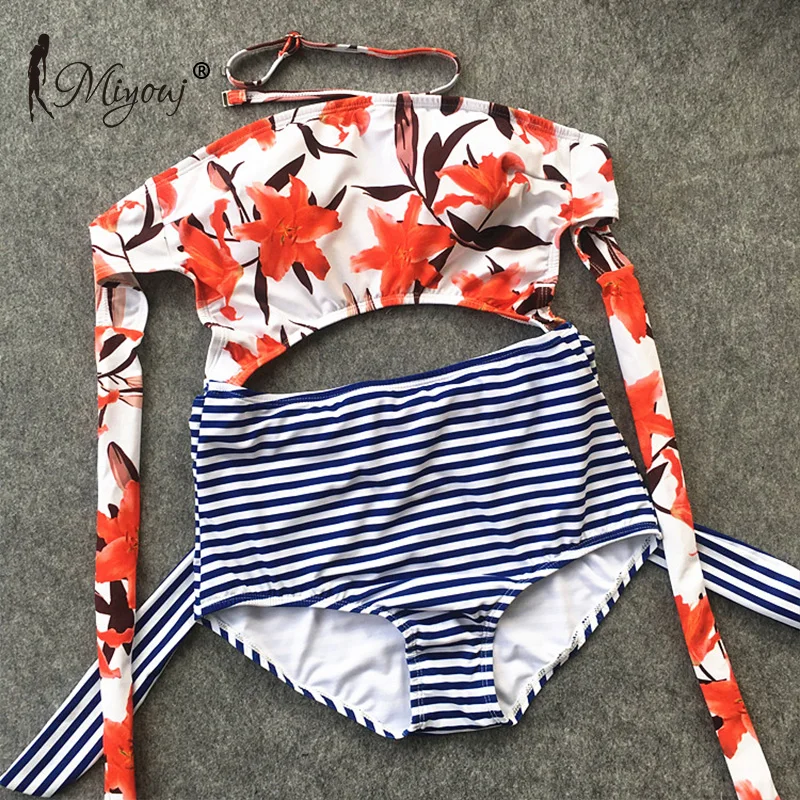 Miyouj полосатый купальник Бандаж пуш ап Цветочный женский 2018 с высоким вырезом