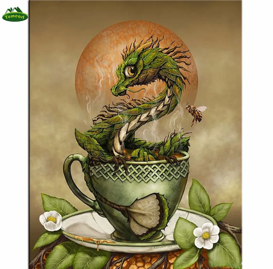 Алмазная живопись вышивка крестиком мозаика зеленый дракон в чашке картина из