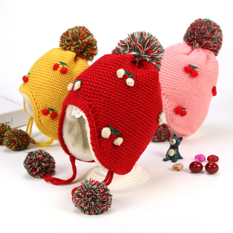 Cheery Knit Baby Hat Warm Velvet Winter For Girls Ear Protect Lace Up Beanie Pompom Cute Toddler Girl Clothing | Детская одежда и