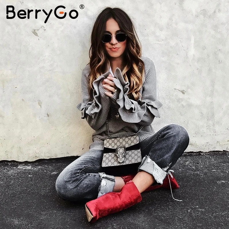 Женский вязаный пуловер с оборками BerryGo Свободный на одно плечо круглым вырезом