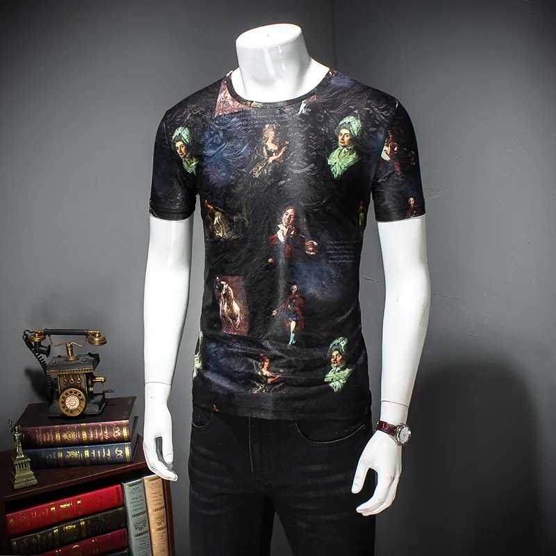 

Top Quality Silk T Shirt Men Fashion Print Nice Slim Fit New Mens T-Shirts Short Sleeve O-Neck Casual Men Tee Shirts 5XL-M Pop