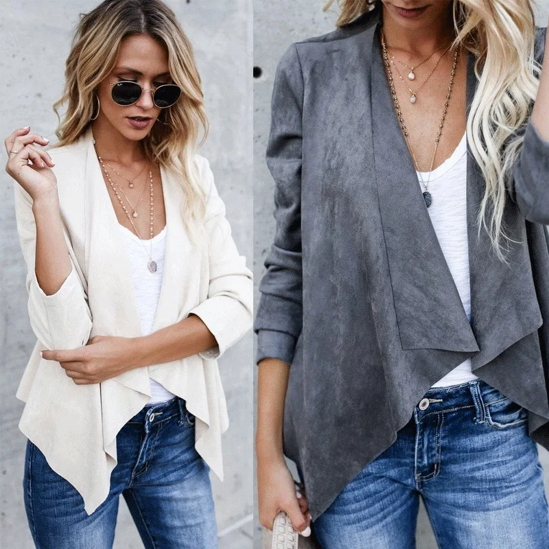 

Fashion New Women's Lapel Jacket Solid Color Faux Suede Coat