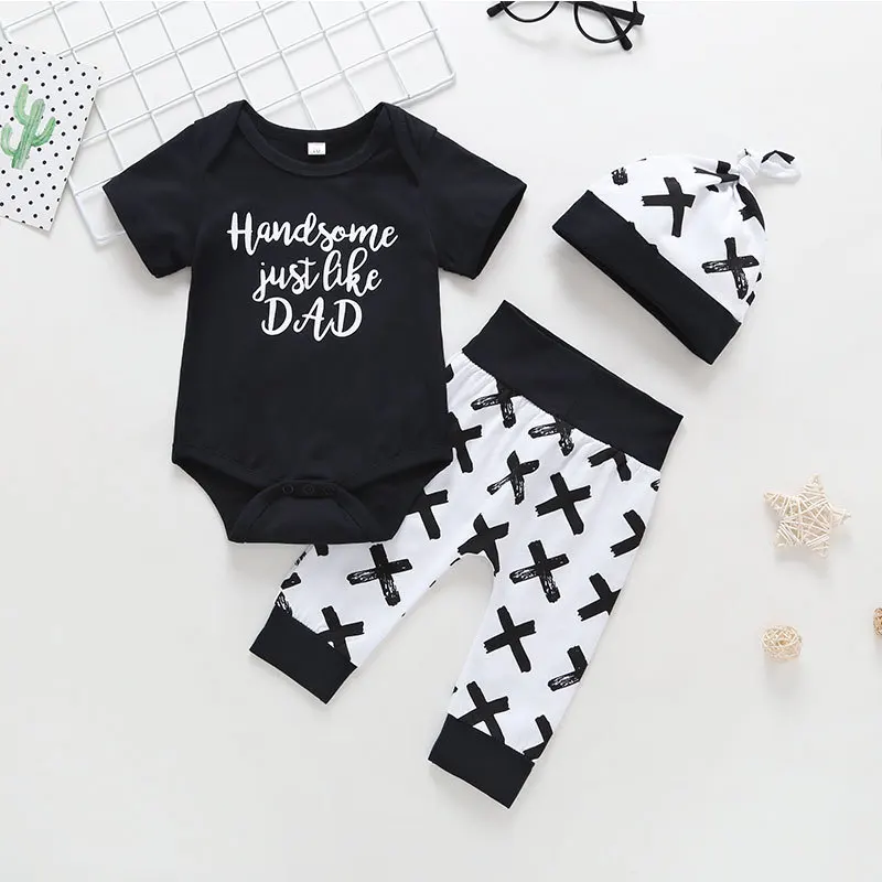 

Baby Boy Clothing Set 2019 Summer Short Sleeve Handsome Just Like Dad Romper+Pants+Hat 3 Pieces Infant Baby Boy Clothes Outfits