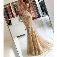 2021 new champagne lace mermaid prom dresses sheer half sleeves appliques tulle floor length long evening gowns