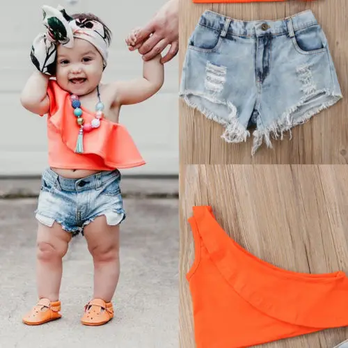Новая летняя детская одежда для малышки оранжевый топ с рюшами и открытыми