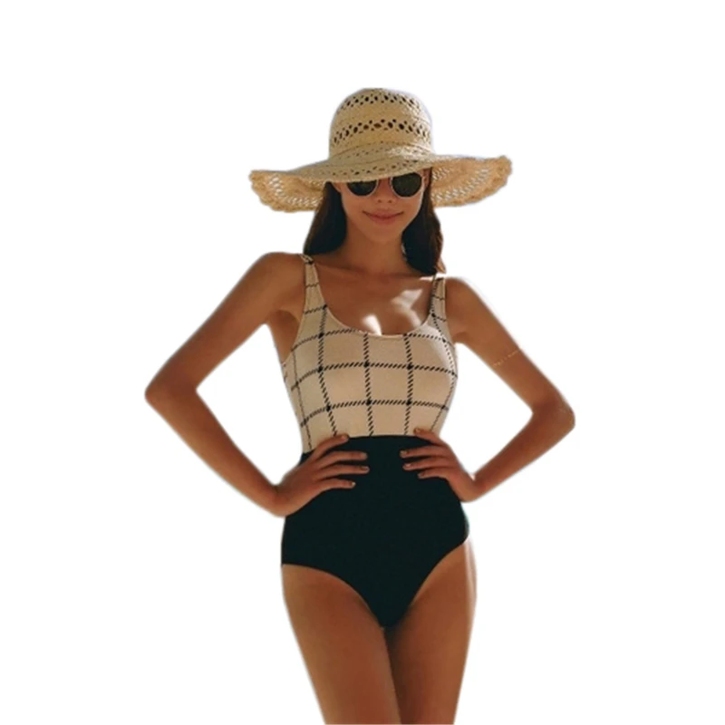 Backless Swimwear For Women Plaid Vintage Swimsuit Female Bathing Suit Ladies Swim Wear Push Up Beachwear Sexy Monokini XL - Цвет: white and black