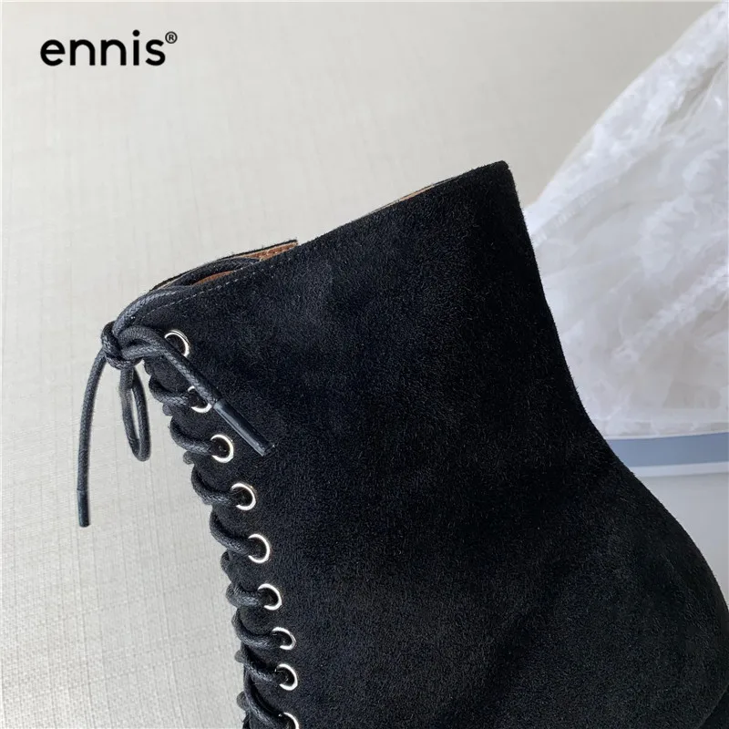ENNIS/ г., женские ботинки на шнуровке кожаные замшевые ботильоны с круглым носком обувь на молнии на не сужающемся книзу массивном каблуке Новая модная женская обувь черного и коричневого цвета, A941