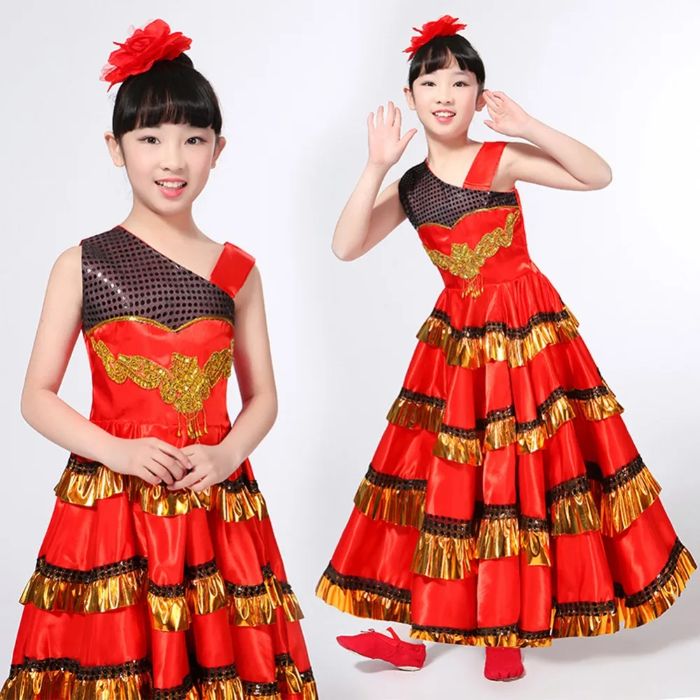 Kids Girls Red Belly Dance Dress Spanish Flamenco Costume Ballroom Tribal Match Head Flower | Детская одежда и обувь