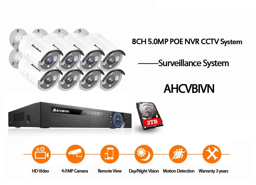 AHCVBIVN H.265 8CH 5MP комплект системы охранного видеонаблюдения домашняя камера безопасности с 8*4 Мп POE Комплект ip-камер Support16* 5MP IP камера