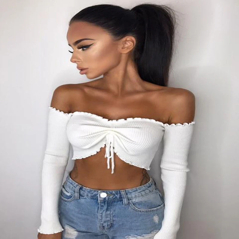 Женский вязаный свитер короткий топ с длинным рукавом и вырезом лодочкой|off shoulder