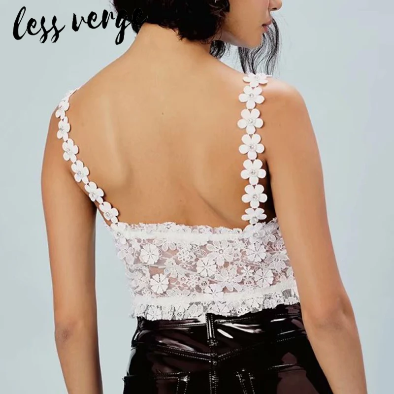 Lessverge Цветочные Сетки белые кружевные топики женские с v образным вырезом спинки