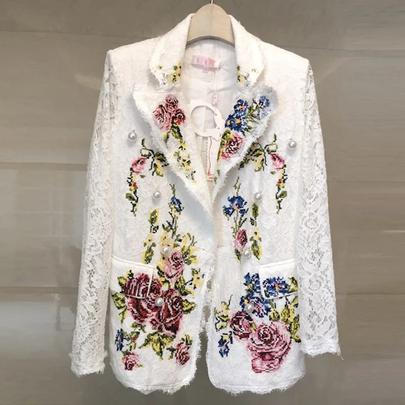 white Runway Blazer Women Long Sleeve Notched Flower Embroidery Lace coats Pearls Blazer Shawl Collar Pocket Floral Jackets Coat - Цвет: white