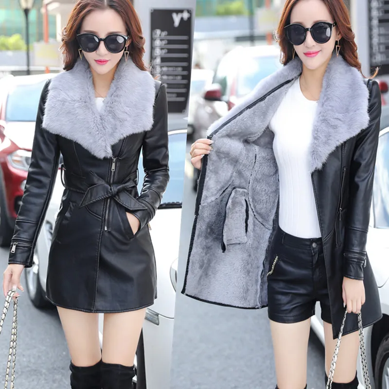 

S-3XL leather jacket lady top fashion new self-cultivation velvet Pu acket lady modeling long leather trench coat lady