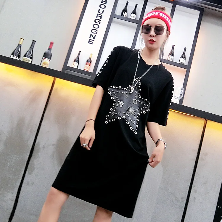 2018 Весна и лето новое Харадзюку с заклепками пятиконечной звездой дамское платье