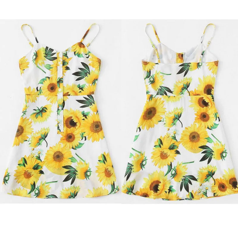 New Fashion Womens Ladies Boho Floral Printed Mini Dress Summer Strapless Dresses Button Bohemian Sleeveless V-neck Empire | Женская