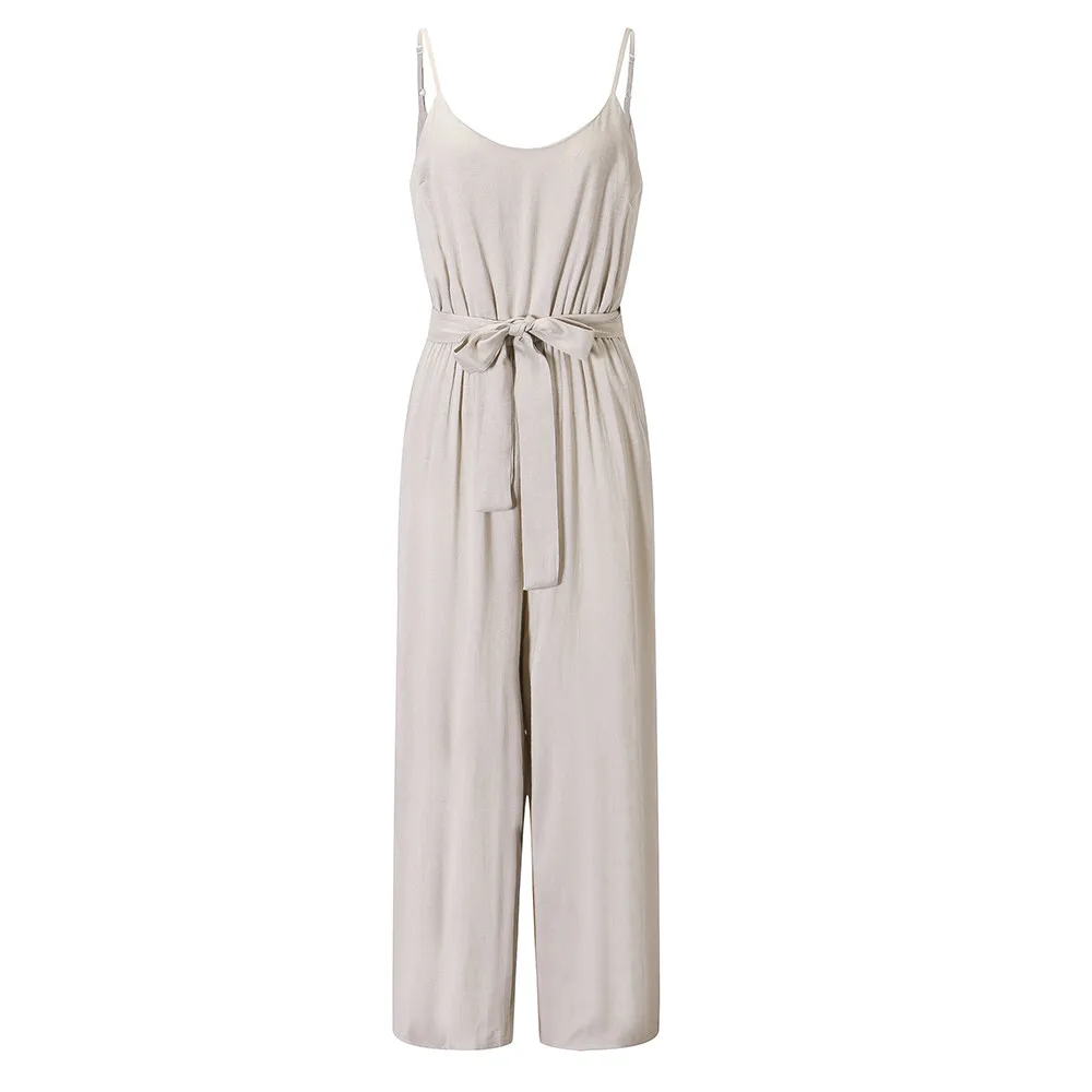 Khaki Free Ostrich Plunge Neck Belted Culotte Jumpsuit Women Deep V Neck Sexy Jumpsuit Clothes New Sleeveless Knot Summer Jumpsuit - Color: Khaki