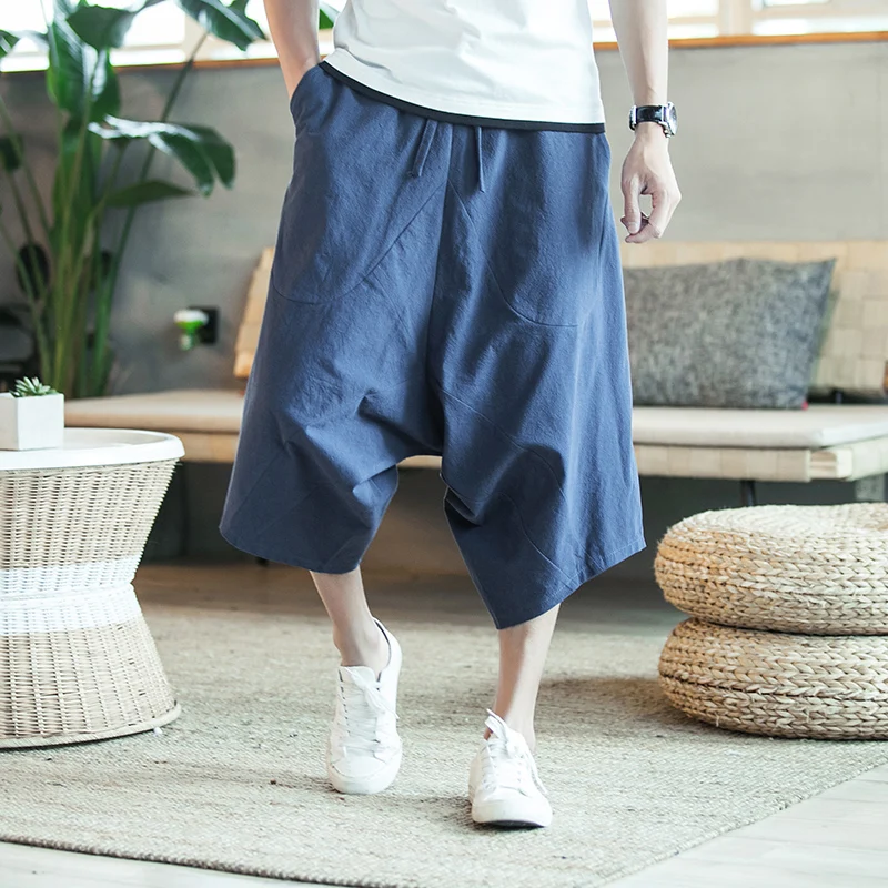 

Chinese style Harem Shorts Casual Bermuda Summer Cropped Trousers Linen Long Shorts for Men cotton cross bigfoot baggy shorts