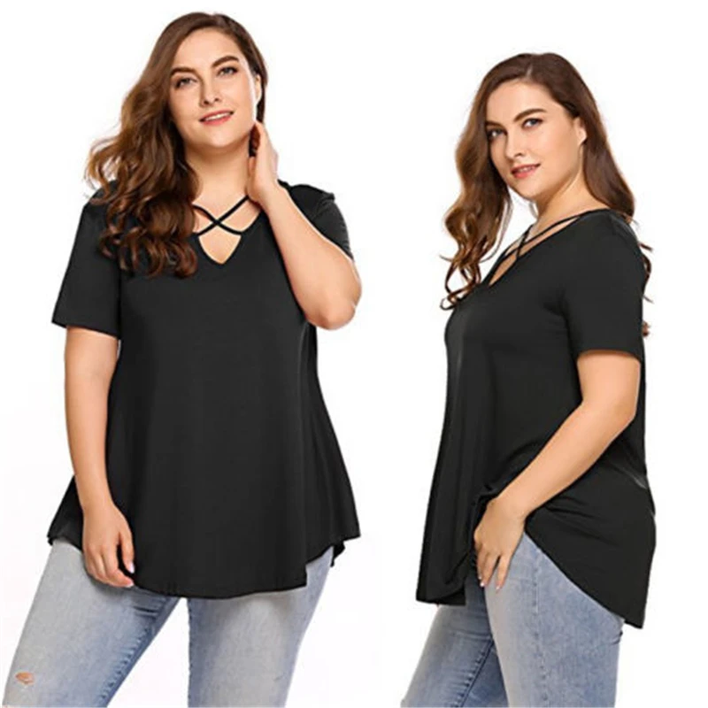 Женская однотонная блузка с V образным вырезом и коротким рукавом|plus size blouses|big