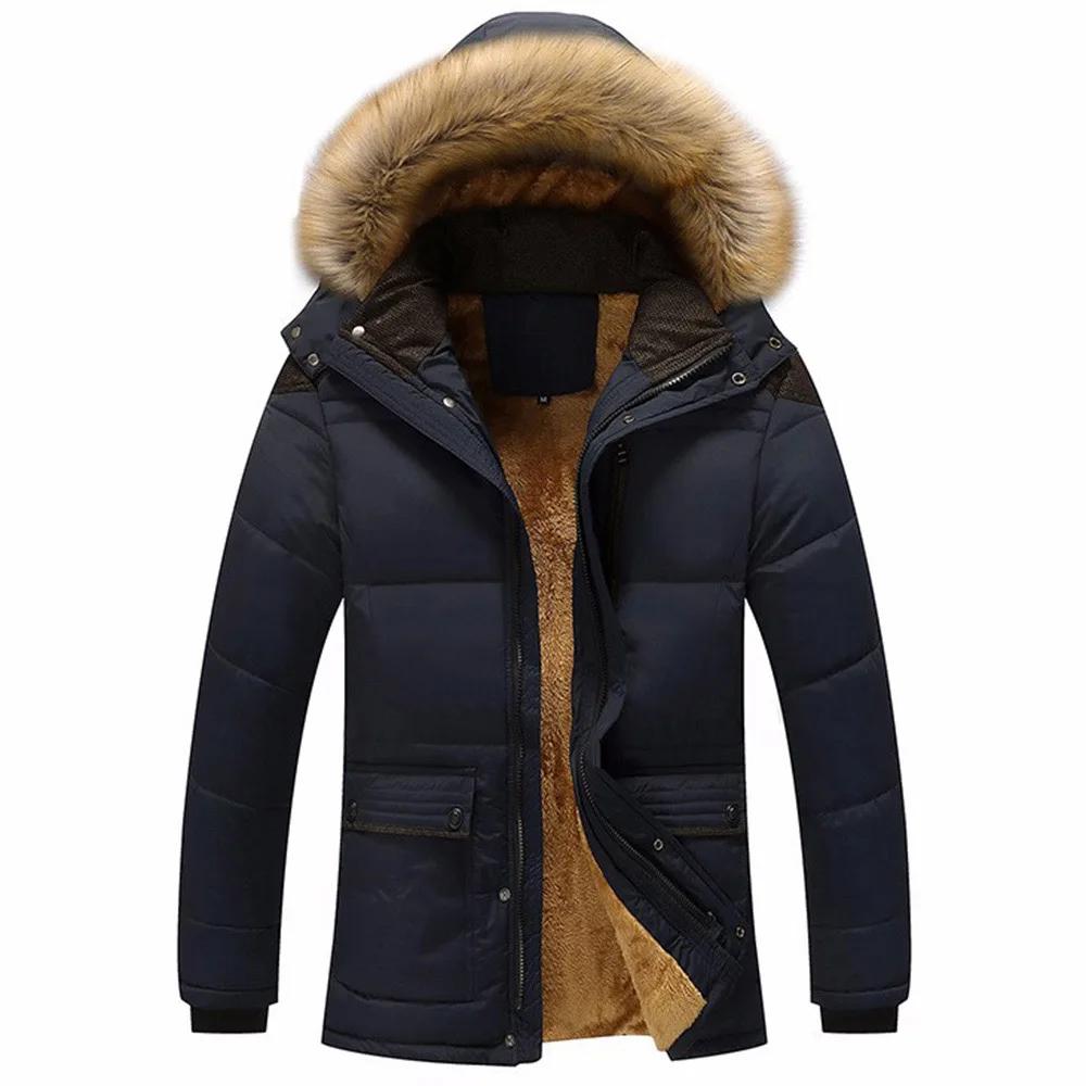 Dark Blue Зимние мужские куртки из плотного флиса 5XL мужские пальто с меховым воротником и капюшоном Повседневная верхняя мужская куртка ветрозащитная JK18050 - Цвет: Dark Blue