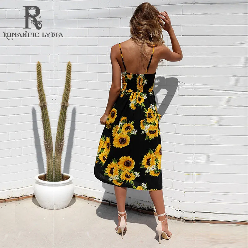 Богемное летнее платье с принтом подсолнуха женское без бретелек карманы