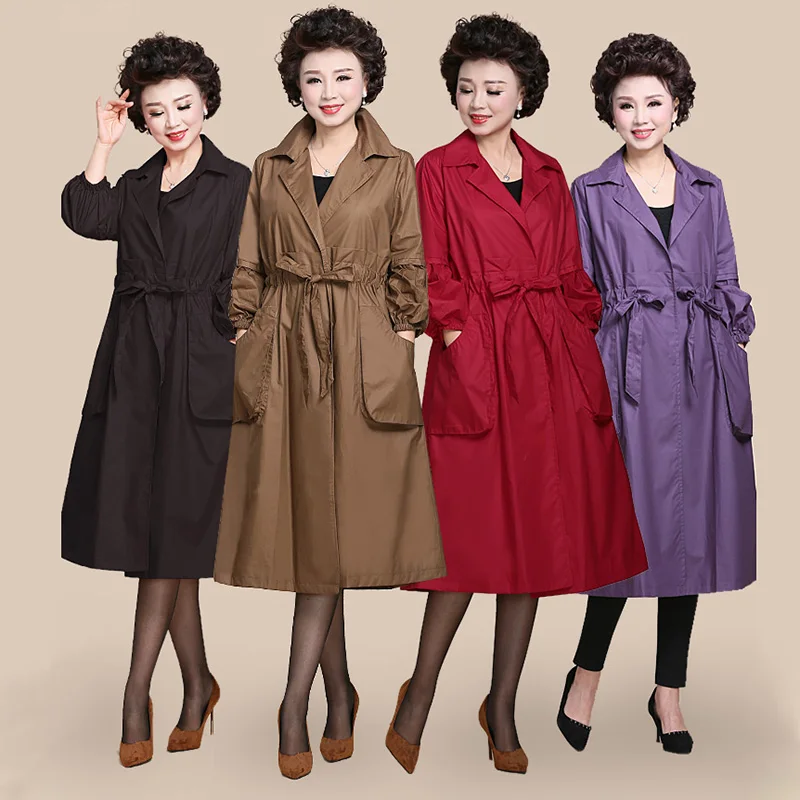 

Middle-aged and old women Windbreaker Plus size trench coat for spring and autumn cardigan Pure color loose Long dust
