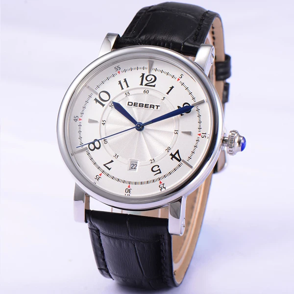 Модные Классические мужские механические часы DEBERT с белым циферблатом и датой