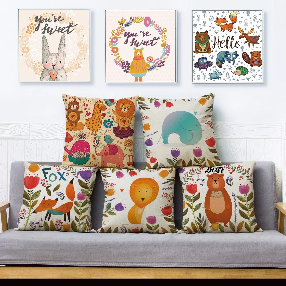 Nordic Cartoon Forest Animal Fox Bear Rabbit Print Pillow Cover 45*45 Cushion Covers Linen Pillows Cases Home Decor Case | Дом и сад