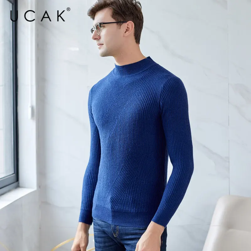 UCAK бренд мериносовой шерстяной мужской свитер уличная Slim Fit Pull Homme Осень Зима Водолазка свитера кашемировый пуловер для мужчин U3046