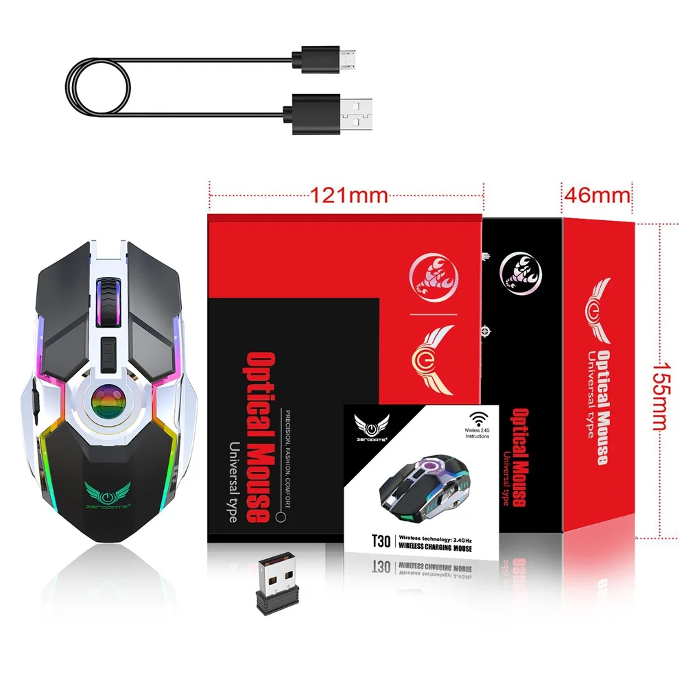 Zerodate T30 перезаряжаемая 2,4 ГГц Беспроводная мышь эргономичная RGB подсветка ноутбук мышь для ПК